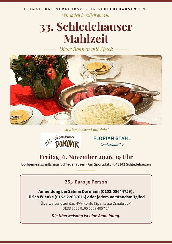 Einladung zur 33. Schledehauser Mahlzeit am 6. November 2026